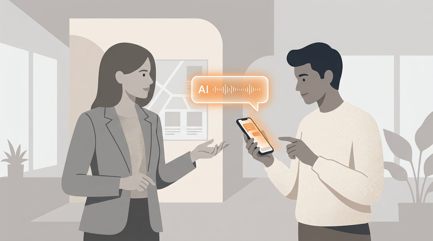 A real estate agent talking with a buyer who holds a phone showing an AI assistant