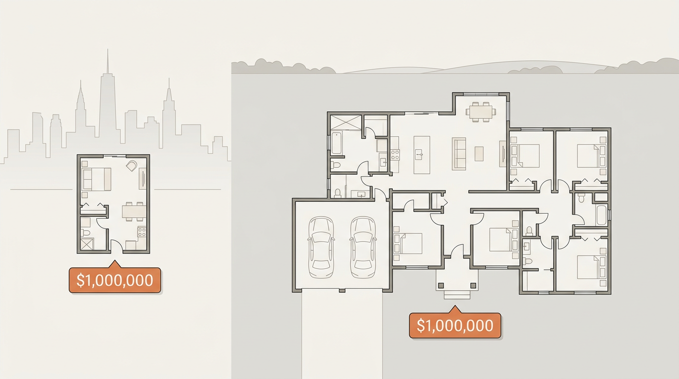 A small Manhattan apartment contrasted against a large suburban house, representing what a million dollars buys
