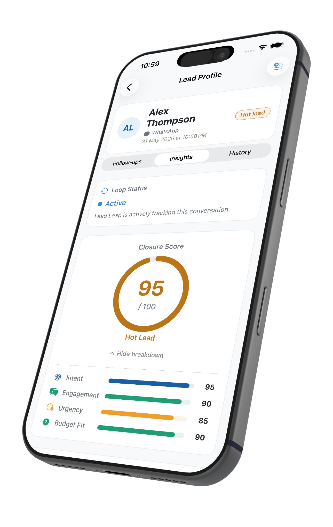 Lead Leap Closure Score of 95 broken down across Intent, Engagement, Urgency, and Budget Fit