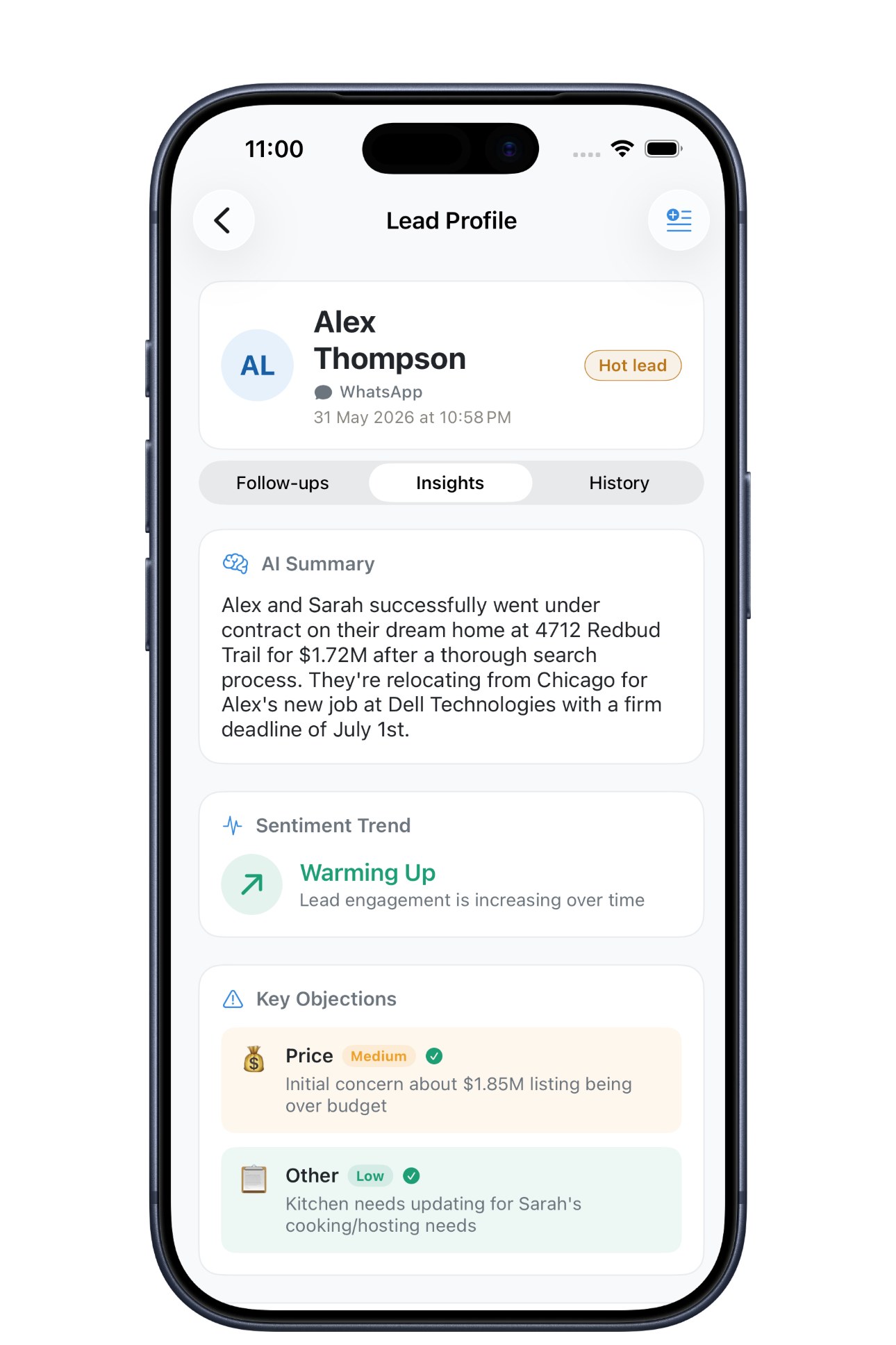 Lead Leap Insights screen with AI summary, warming-up sentiment trend, and key objections